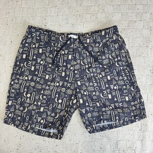 Onia Calder Swim Trunks Mens XL Blue Geometric Print Lined Beach Shorts